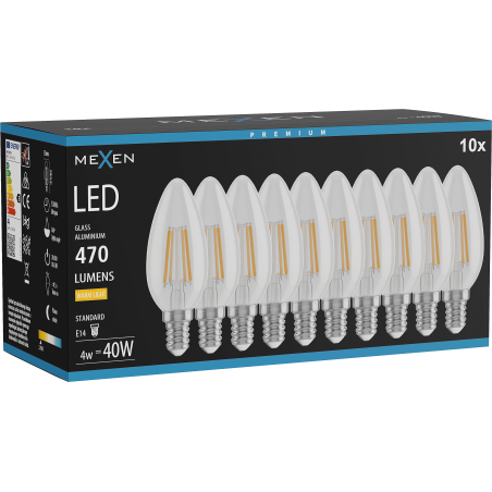 Mexen Vintis 10x Ampoule filament LED E14, C35, 4W, Chaude - 2700K, 470 lm, claire - L154-E14-0427-00x10
