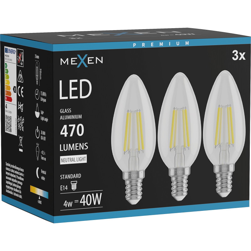 Mexen Vintis 3x Ampoule filament LED E14, C35, 4W, Neutre - 4000K, 470 lm, clair - L154-E14-0427-00x03 - L154-E14-0440-00x03