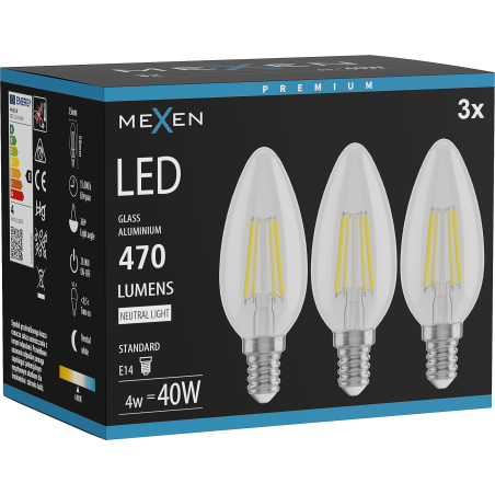Mexen Vintis 3x Ampoule filament LED E14, C35, 4W, Neutre - 4000K, 470 lm, clair - L154-E14-0427-00x03 - L154-E14-0440-00x03