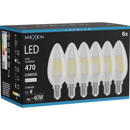 Mexen Vintis 6x Ampoule filament LED E14, C35, 4W, Neutre - 4000K, 470 lm, clair - L154-E14-0427-00x06 - L154-E14-0440-00x06