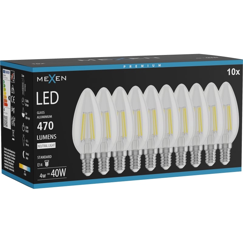 Mexen Vintis 10x Ampoule filament LED E14, C35, 4W, Neutre - 4000K, 470 lm, clair - L154-E14-0427-00x10 - L154-E14-0440-00x10