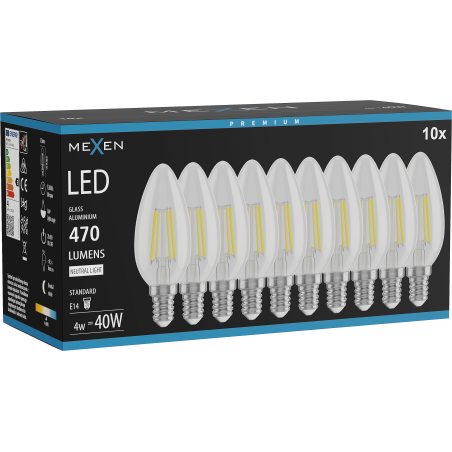 Mexen Vintis 10x Ampoule filament LED E14, C35, 4W, Neutre - 4000K, 470 lm, clair - L154-E14-0427-00x10 - L154-E14-0440-00x10