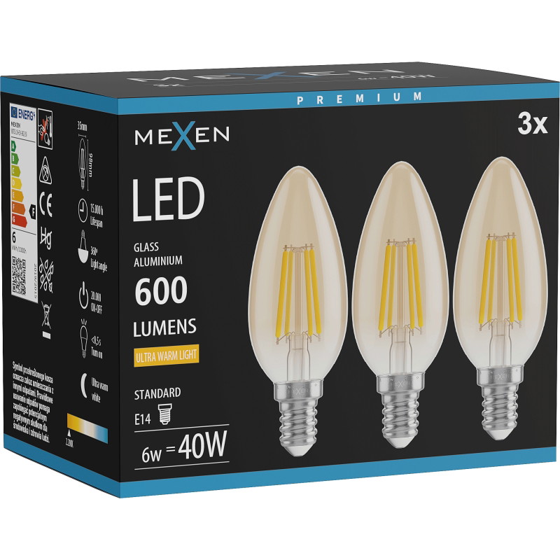 Mexen Vintis 3x Ampoule à filament LED E14, C35, 6W, Chaud - 2200K, 600 lm, ambre - L154-E14-0622-50x03