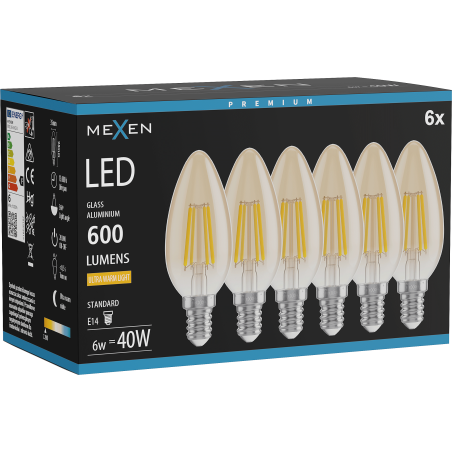 Mexen Vintis 6x Ampoule à filament LED E14, C35, 6W, Chaude - 2200K, 600 lm, ambre - L154-E14-0622-50x06