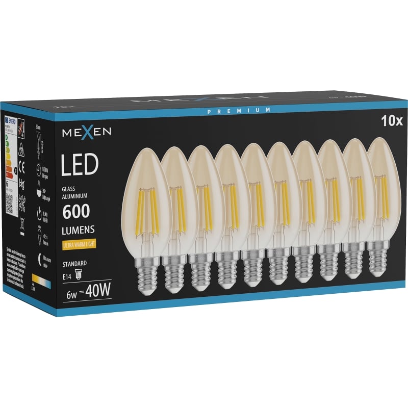 Mexen Vintis 10x Ampoule filament LED E14, C35, 6W, Chaude - 2200K, 600 lm, ambre - L154-E14-0622-50x10