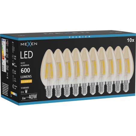 Mexen Vintis 10x Ampoule filament LED E14, C35, 6W, Chaude - 2200K, 600 lm, ambre - L154-E14-0622-50x10