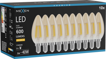 Mexen Vintis 10x Ampoule filament LED E14, C35, 6W, Chaude - 2200K, 600 lm, ambre - L154-E14-0622-50x10