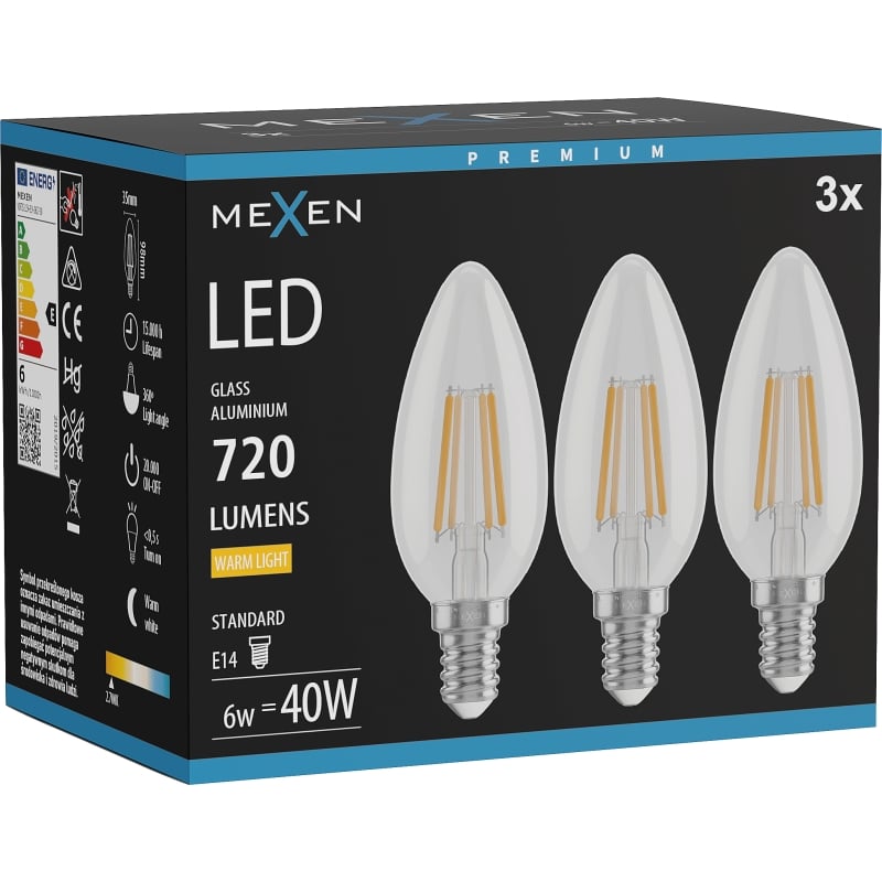 Mexen Vintis 3x Ampoule filament LED E14, C35, 6W, Chaude - 2700K, 720 lm, claire - L154-E14-0627-00x03