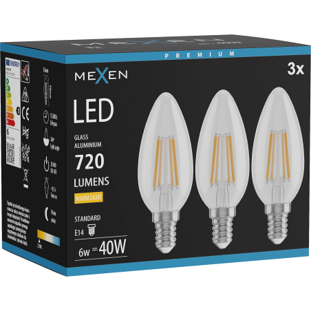 Mexen Vintis 3x Ampoule filament LED E14, C35, 6W, Chaude - 2700K, 720 lm, claire - L154-E14-0627-00x03