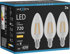 Mexen Vintis 3x Ampoule filament LED E14, C35, 6W, Chaude - 2700K, 720 lm, claire - L154-E14-0627-00x03