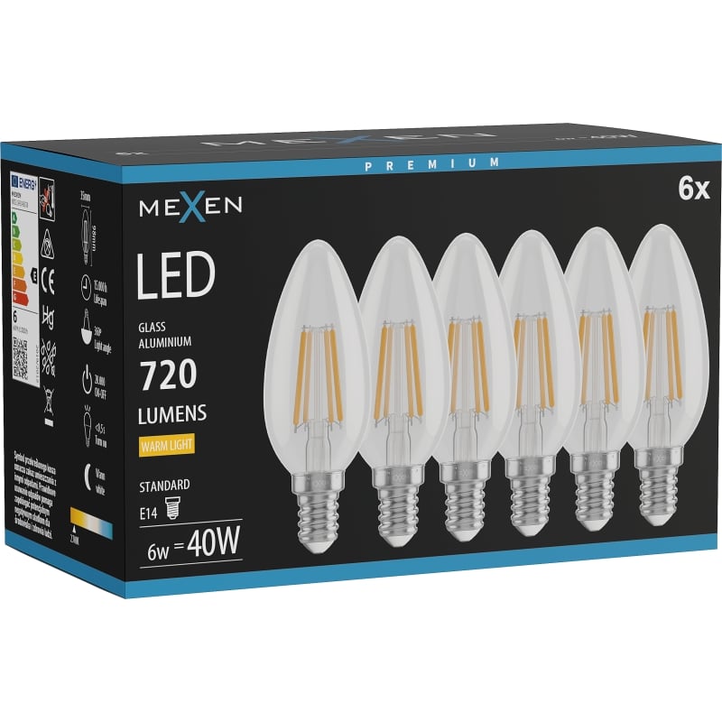 Mexen Vintis 6x Ampoule filament LED E14, C35, 6W, Chaude - 2700K, 720 lm, clair - L154-E14-0627-00x06