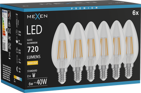 Mexen Vintis 6x Ampoule filament LED E14, C35, 6W, Chaude - 2700K, 720 lm, clair - L154-E14-0627-00x06