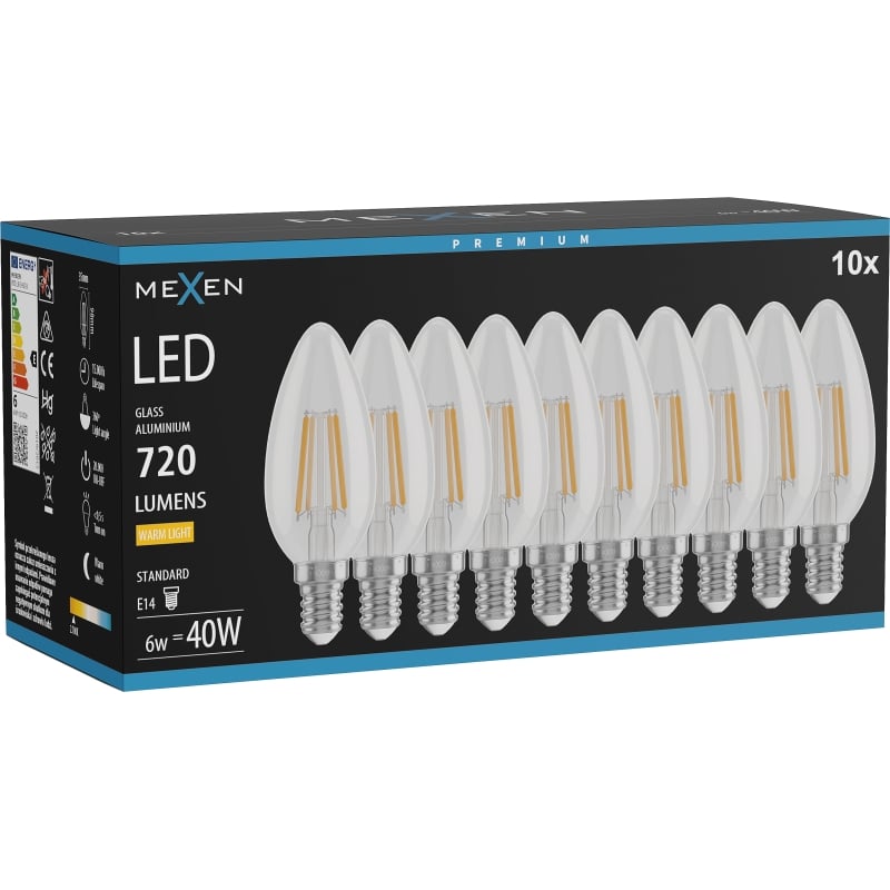 Mexen Vintis 10x Ampoule filament LED E14, C35, 6W, Chaude - 2700K, 720 lm, claire - L154-E14-0627-00x10