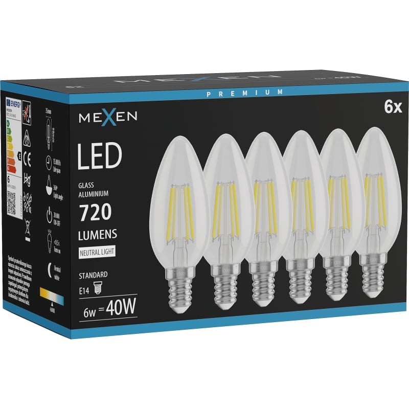 Mexen Vintis 6x Ampoule filament LED E14, C35, 6W, Neutre - 4000K, 720 lm, clair - L154-E14-0640-00x06