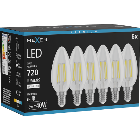 Mexen Vintis 6x Ampoule filament LED E14, C35, 6W, Neutre - 4000K, 720 lm, clair - L154-E14-0640-00x06