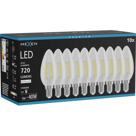 Mexen Vintis 10x Ampoule filament LED E14, C35, 6W, Neutre - 4000K, 720 lm, clair - L154-E14-0640-00x10