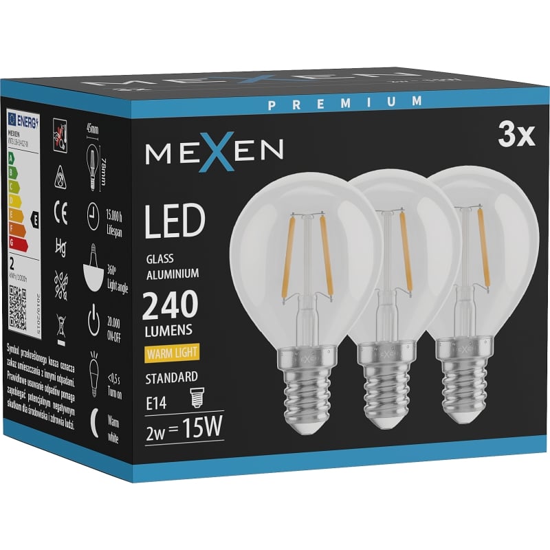 Mexen Vintis 3x Ampoule filament LED E14, G45, 2W, Chaude - 2700K, 240 lm, claire - L156-E14-0227-00x03
