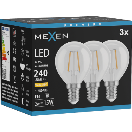 Mexen Vintis 3x Ampoule filament LED E14, G45, 2W, Chaude - 2700K, 240 lm, claire - L156-E14-0227-00x03