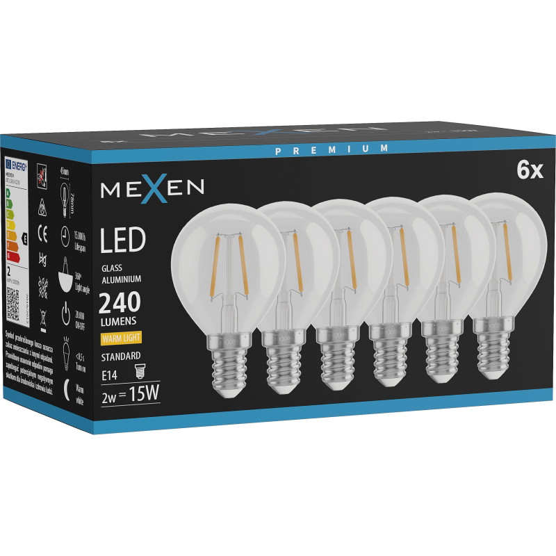 Mexen Vintis 6x Ampoule filament LED E14, G45, 2W, Chaude - 2700K, 240 lm, claire - L156-E14-0227-00x06