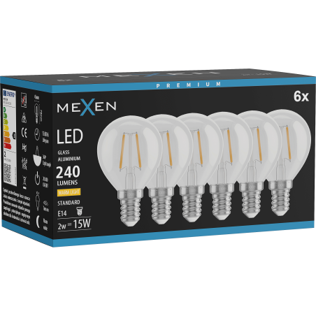 Mexen Vintis 6x Ampoule filament LED E14, G45, 2W, Chaude - 2700K, 240 lm, claire - L156-E14-0227-00x06