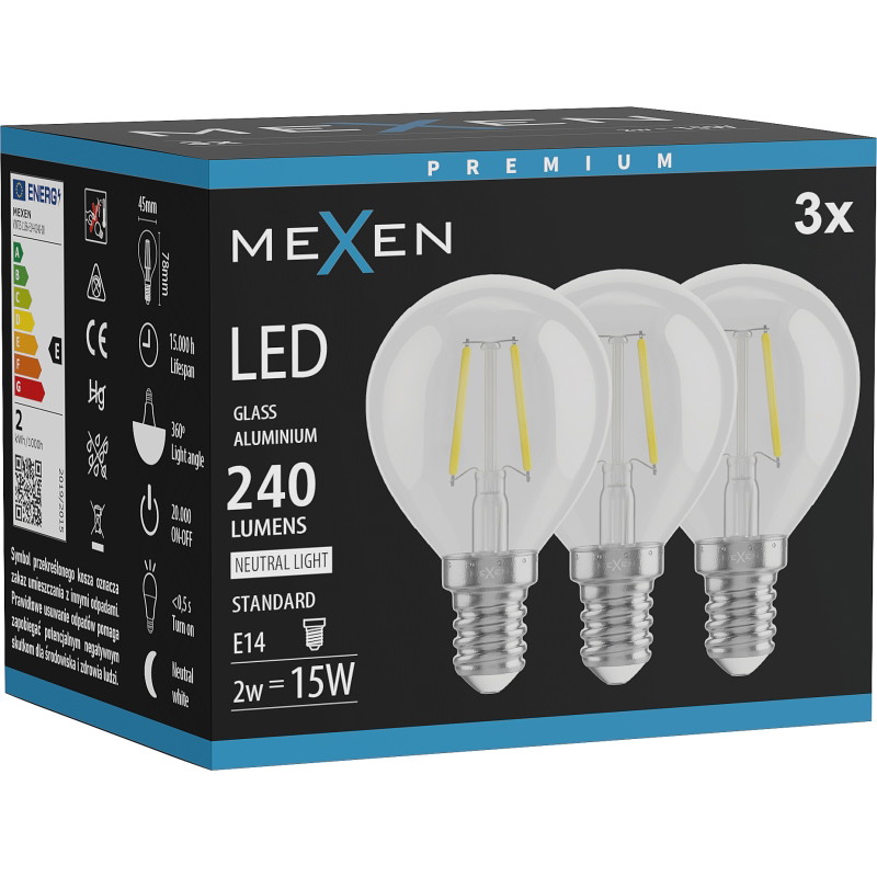 Mexen Vintis 3x Ampoule filament LED E14, G45, 2W, Neutre - 4000K, 240 lm, transparent - L156-E14-0240-00x03