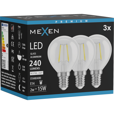 Mexen Vintis 3x Ampoule filament LED E14, G45, 2W, Neutre - 4000K, 240 lm, transparent - L156-E14-0240-00x03