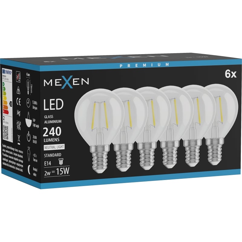 Mexen Vintis 6x Ampoule filament LED E14, G45, 2W, Neutre - 4000K, 240 lm, clair - L156-E14-0240-00x06