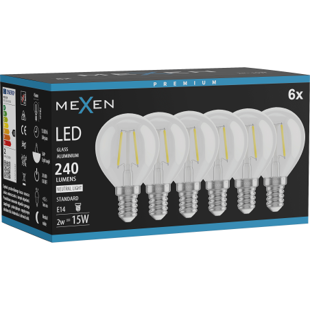 Mexen Vintis 6x Ampoule filament LED E14, G45, 2W, Neutre - 4000K, 240 lm, clair - L156-E14-0240-00x06