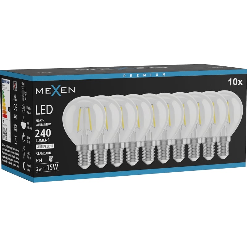 Mexen Vintis 10x ampoule à filament LED E14, G45, 2W, Neutre - 4000K, 240 lm, transparent - L156-E14-0240-00x10