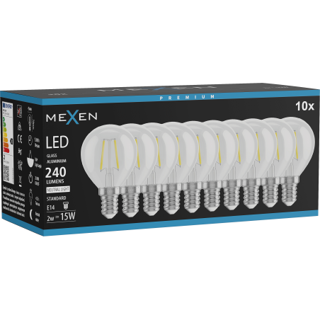 Mexen Vintis 10x ampoule à filament LED E14, G45, 2W, Neutre - 4000K, 240 lm, transparent - L156-E14-0240-00x10