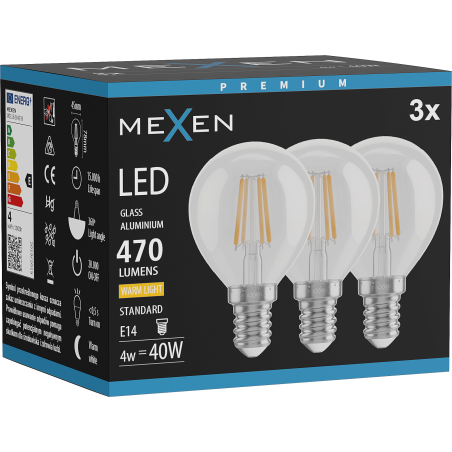 Mexen Vintis 3x Ampoule filament LED E14, G45, 4W, Chaude - 2700K, 470 lm, claire - L156-E14-0427-00x03
