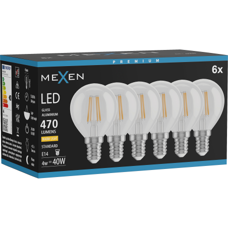 Mexen Vintis 6x Ampoule filament LED E14, G45, 4W, Chaude - 2700K, 470 lm, claire - L156-E14-0427-00x06