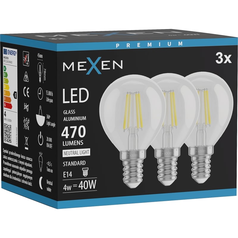 Mexen Vintis 3x Ampoule filament LED E14, G45, 4W, Neutre - 4000K, 470 lm, transparent - L156-E14-0427-00x03