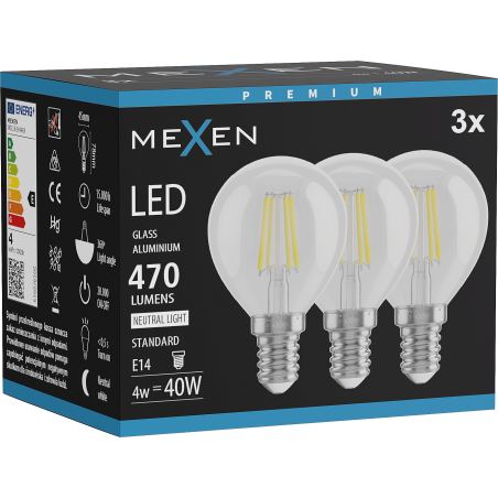Mexen Vintis 3x Ampoule filament LED E14, G45, 4W, Neutre - 4000K, 470 lm, transparent - L156-E14-0427-00x03