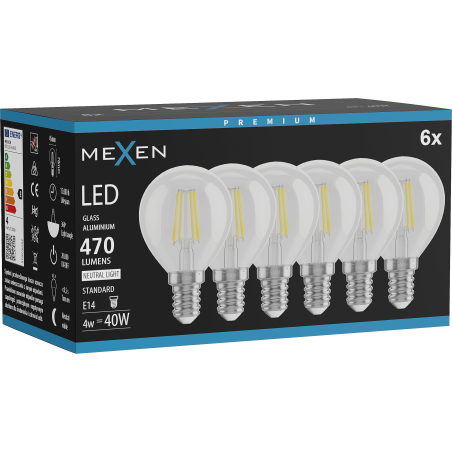 Mexen Vintis 6x Ampoule LED filament E14, G45, 4W, Neutre - 4000K, 470 lm, clair - L156-E14-0427-00x06 - L156-E14-0440-00x06