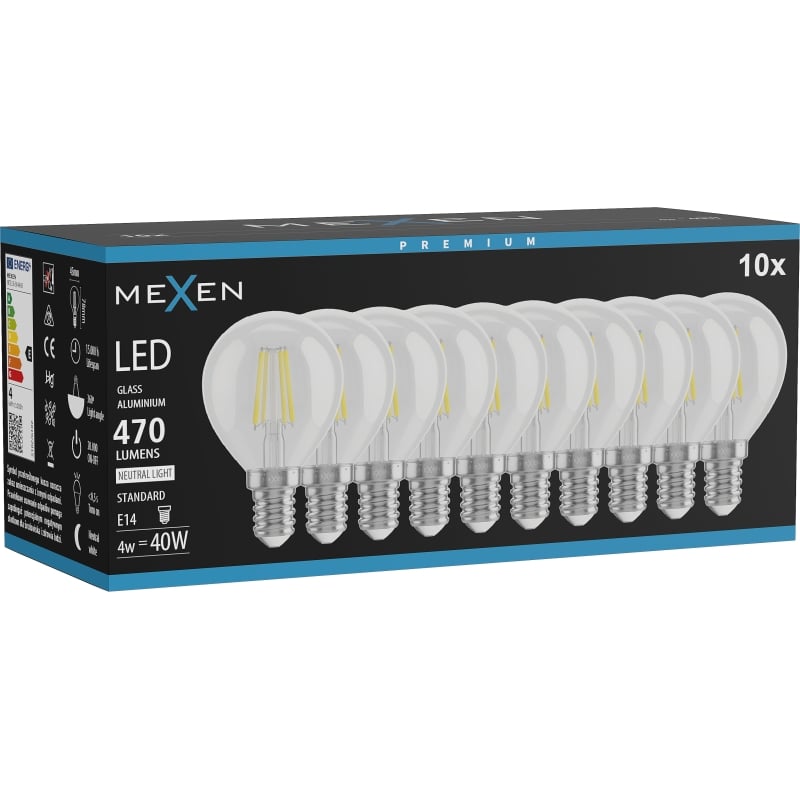 Mexen Vintis 10x Ampoule filament LED E14, G45, 4W, Neutre - 4000K, 470 lm, clair - L156-E14-0427-00x10 - L156-E14-0440-00x10