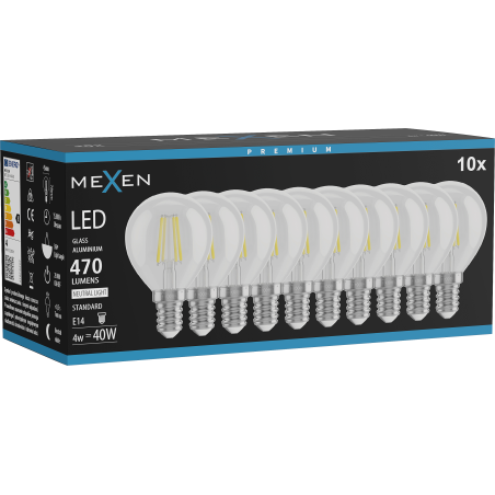 Mexen Vintis 10x Ampoule filament LED E14, G45, 4W, Neutre - 4000K, 470 lm, clair - L156-E14-0427-00x10 - L156-E14-0440-00x10