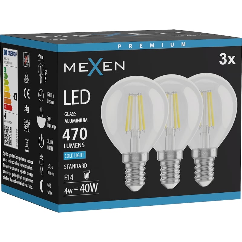Mexen Vintis 3x Ampoule filament LED E14, G45, 4W, Froid - 6500K, 470 lm, claire - L156-E14-0465-00x03