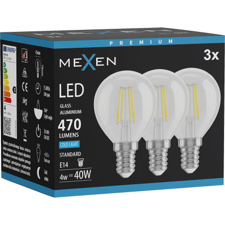 Mexen Vintis 3x Ampoule filament LED E14, G45, 4W, Froid - 6500K, 470 lm, claire - L156-E14-0465-00x03