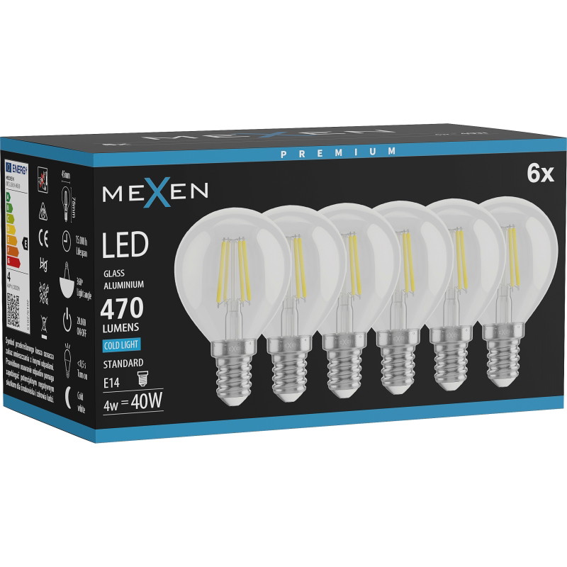 Mexen Vintis 6x Ampoule filament LED E14, G45, 4W, Froid - 6500K, 470 lm, clair - L156-E14-0465-00x06