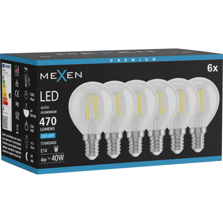 Mexen Vintis 6x Ampoule filament LED E14, G45, 4W, Froid - 6500K, 470 lm, clair - L156-E14-0465-00x06