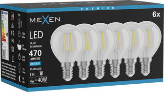 Mexen Vintis 6x Ampoule filament LED E14, G45, 4W, Froid - 6500K, 470 lm, clair - L156-E14-0465-00x06