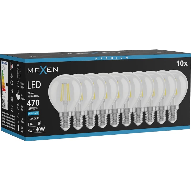 Mexen Vintis 10x Ampoule à filament LED E14, G45, 4W, Froid - 6500K, 470 lm, clair - L156-E14-0465-00x10