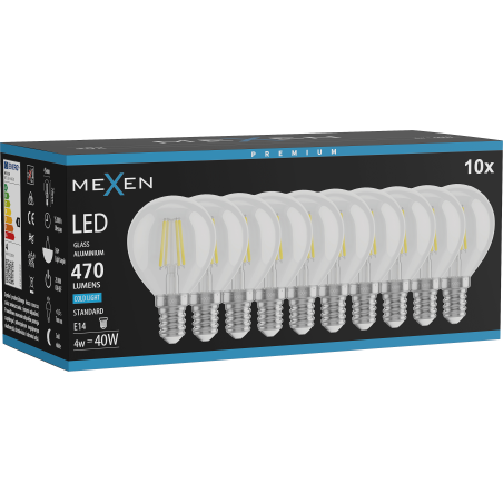 Mexen Vintis 10x Ampoule à filament LED E14, G45, 4W, Froid - 6500K, 470 lm, clair - L156-E14-0465-00x10