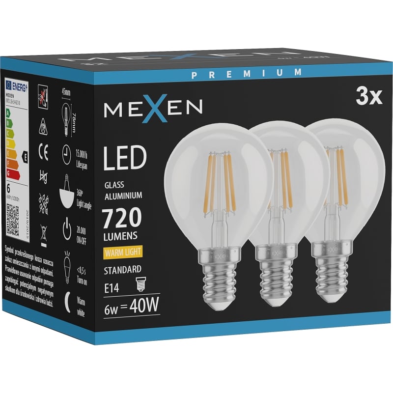 Mexen Vintis 3x Ampoule filament LED E14, G45, 6W, Chaude - 2700K, 720 lm, claire - L156-E14-0627-00x03