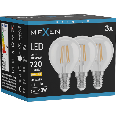 Mexen Vintis 3x Ampoule filament LED E14, G45, 6W, Chaude - 2700K, 720 lm, claire - L156-E14-0627-00x03