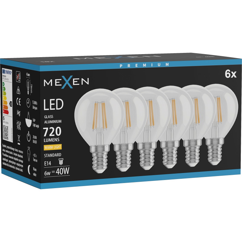 Mexen Vintis 6x Ampoule à filament LED E14, G45, 6W, Chaude - 2700K, 720 lm, claire - L156-E14-0627-00x06