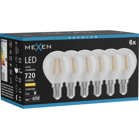 Mexen Vintis 6x Ampoule à filament LED E14, G45, 6W, Chaude - 2700K, 720 lm, claire - L156-E14-0627-00x06