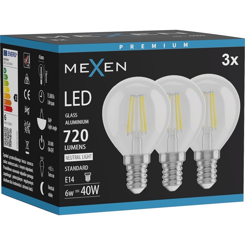 Mexen Vintis 3x Ampoule filament LED E14, G45, 6W, Neutre - 4000K, 720 lm, clair - L156-E14-0640-00x03