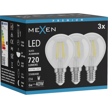 Mexen Vintis 3x Ampoule filament LED E14, G45, 6W, Neutre - 4000K, 720 lm, clair - L156-E14-0640-00x03